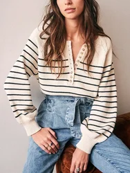 Sweater for Women 2023 New Fall Stripes Round-Neck Buttons All-Match Loose Casual Long Puff Sleeve Pullover