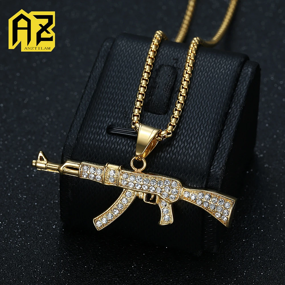 

Подвески в форме пистолета Anztilam, не выцветает, подвеска Iced Out из нержавеющей стали 316L с длинной цепочкой, ожерелья для мужчин, ювелирные изделия в стиле хип-хоп