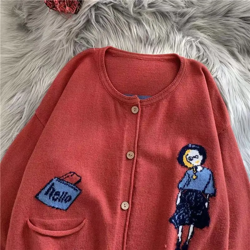 2024 Autumn New Sweater Jacket Women\'s Retro Little Girl Jacquard Versatile Knitted Cardigan Women\'s Lazy Thick Style