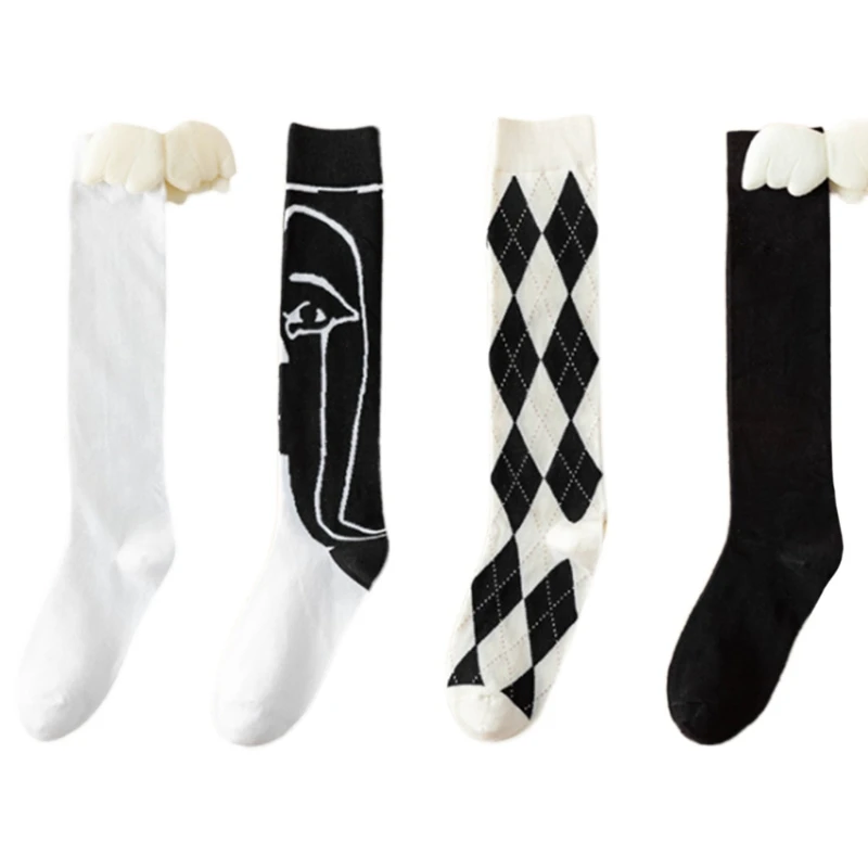 Japanese Women Girls Cotton Knee High Socks Preppy Angel Wing Plaid Portrait Print Stockings