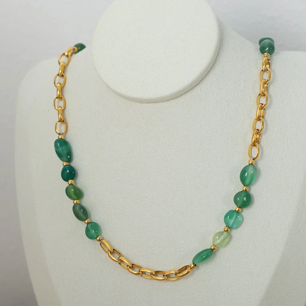 Stainless Steel Natural Stone Agate 18k Gold Plated Titanium Steel Emerald Beaded Necklace for Women Jewelry Wholesale 2024 New