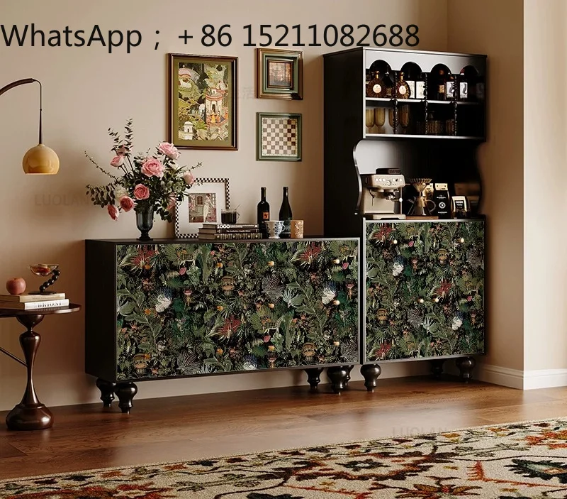 LLY Black Bottom Jungle Flower and Bird Side Cabinet Arched Open Grid Household Coffee Water Bar Storage High Cabinet