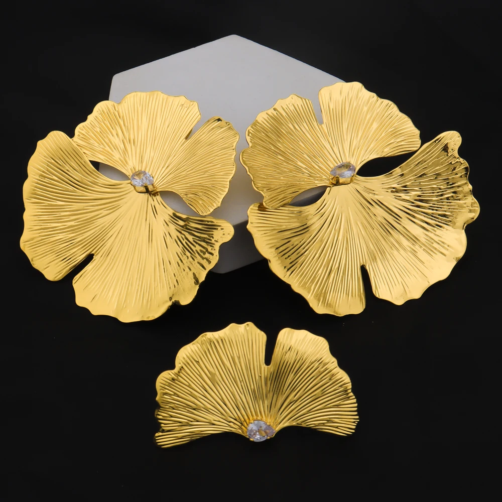 African Gold Color Luxury Flower Shaped Earrings and Ring 2Pcs Set For Women Special Design Jewelry Set Gift For Party