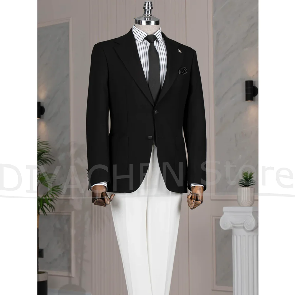 

Chic Men Suits Notch Lapel Single Breasted Black Blazer with White Pants Fashion Tailored Daily Casual Male Suit 2 Piece
