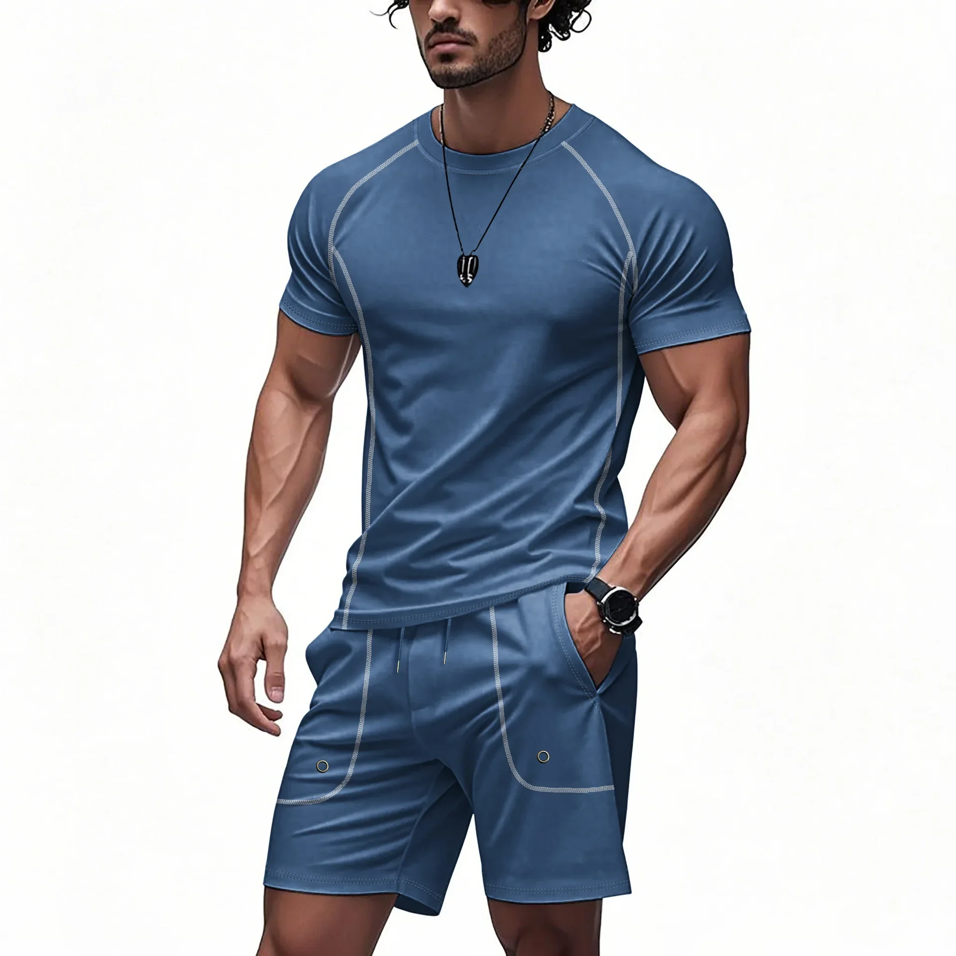 

Summer Fashion Men's Loose Casual Trendy Solid Color 2 Piece Sets O-neck Short Sleeve T-shirts Knee Length Shorts Male Clothes