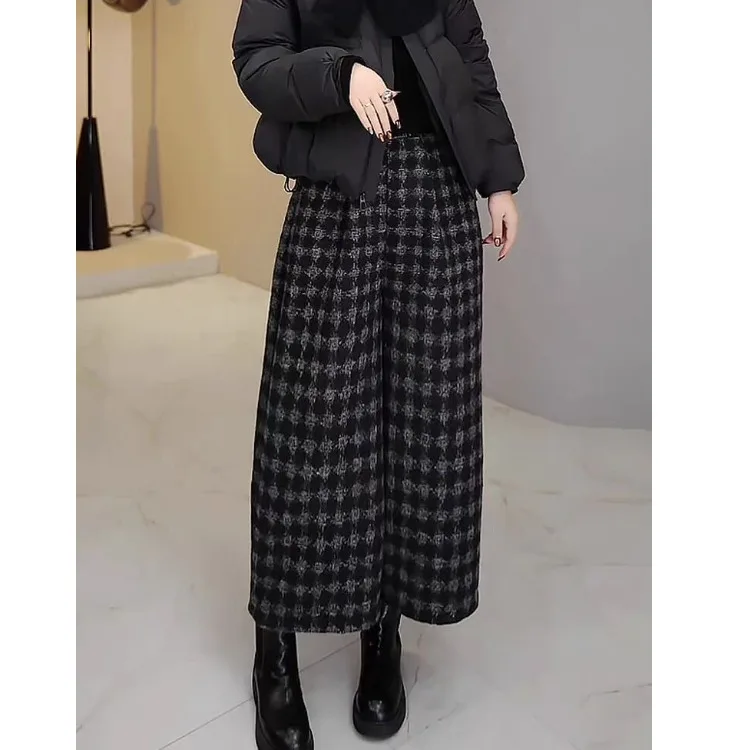 Pantaloni a Gamba Larga da Donna, Casual, a Vita Elastica, Stile Retrò a Quadri, Taglie Forti, Effetto Snellente