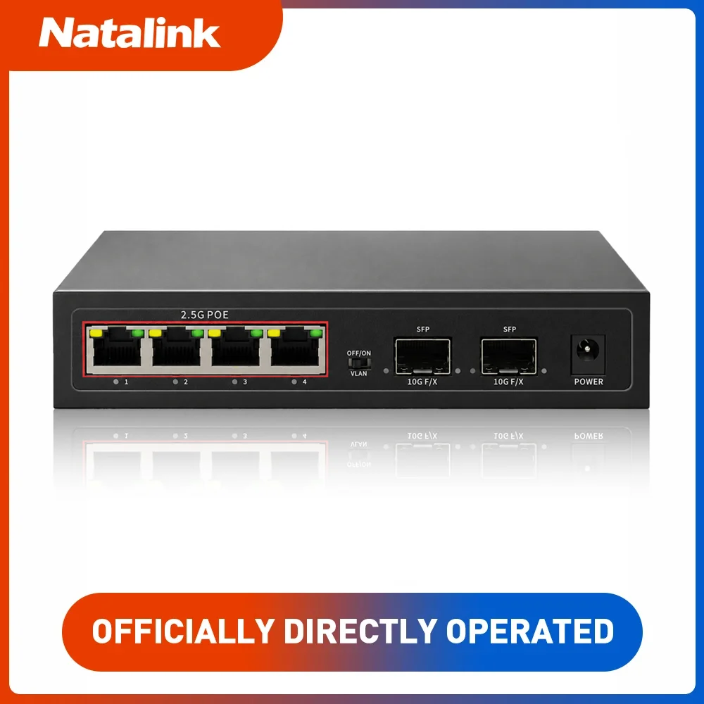Natalink 6‑Port POE Network Switch 4×2.5G RJ45 POE Ports, 2×10G SFP Uplink Unmanaged One‑Key VLAN 4KV Surge Protection for Home
