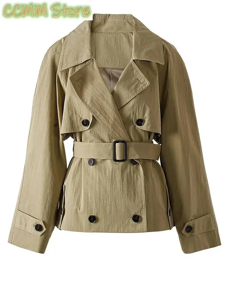 

Women Khaki Belted Big Size Casual Short Trench New Lapel Long Sleeve Windbreaker Fashion Tide Spring Autumn