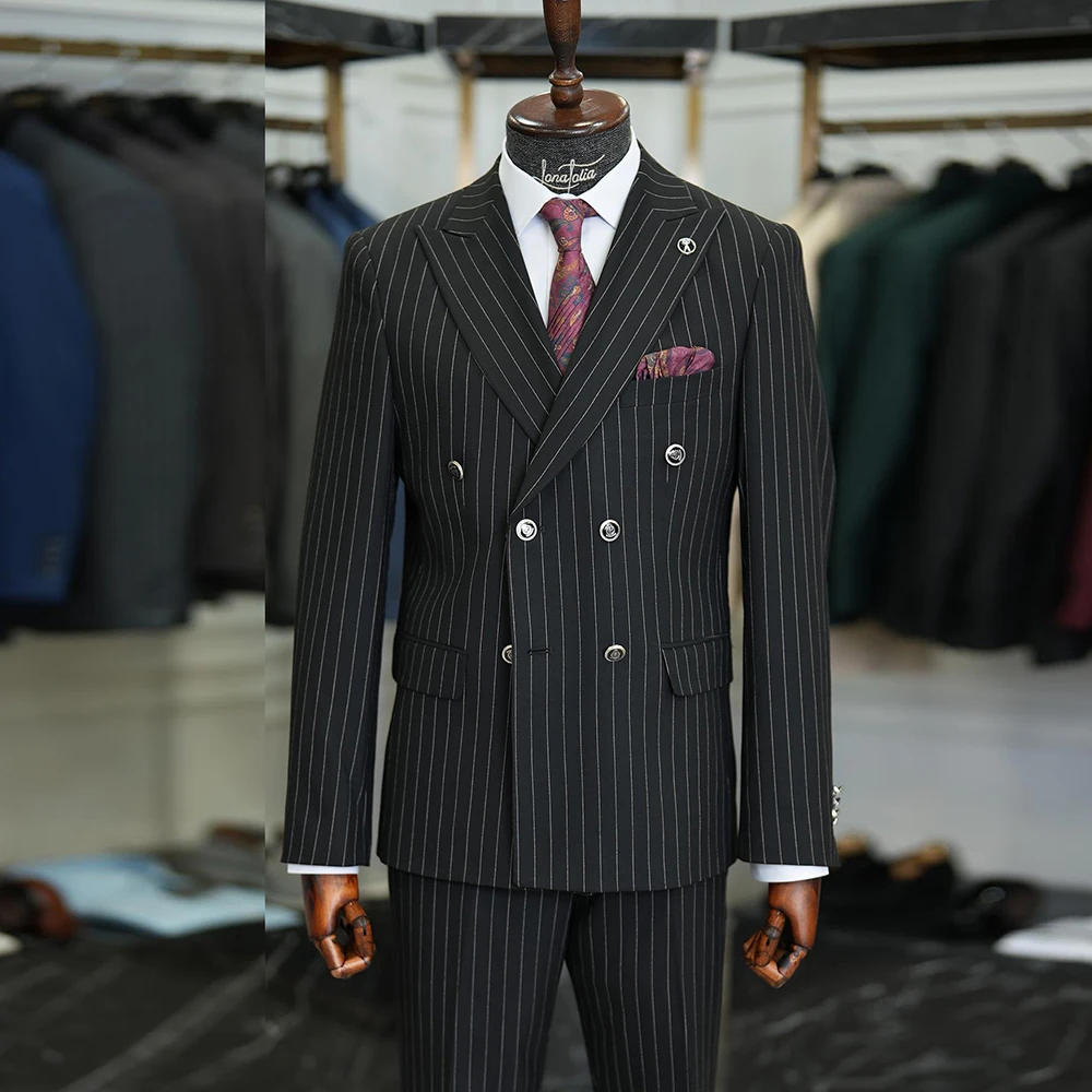 

Classic Groom /Groomsmen Tuxedo For Wedding Custom Black Stripe Double Breasted Blazer Pants Formal Party Men's Suit Plus Size