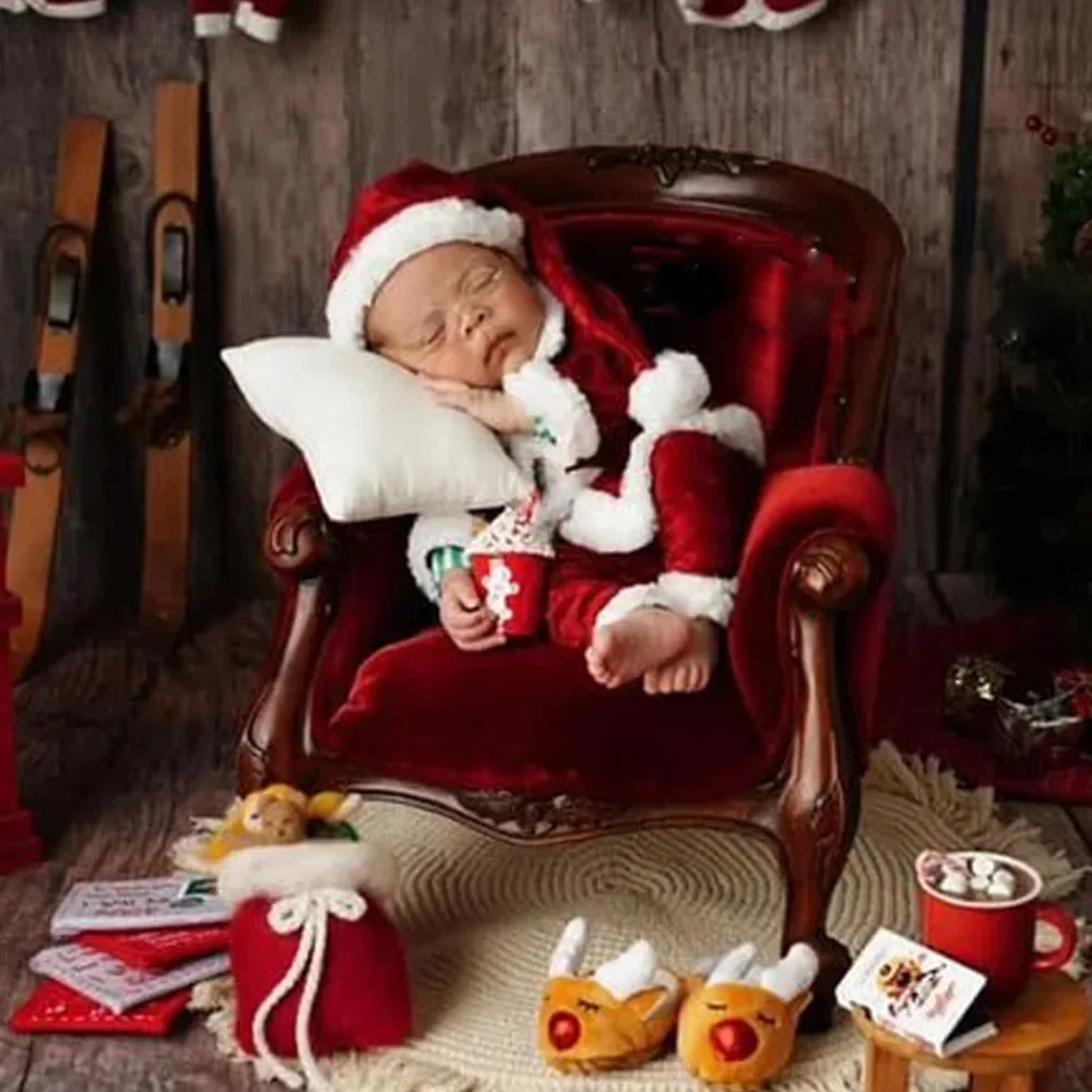 Newborn Photography Outfit Santa Claus Baby Cosplay Christmas Hat Photoshoot Props Accessories