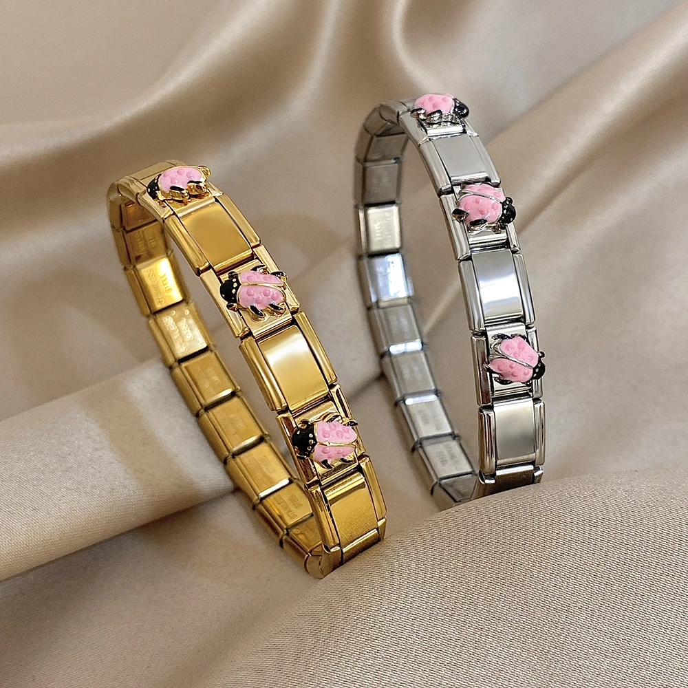 

Trendy Italian Chain Stainless Steel Bracelet for Women Creative Beetle Elastic Bangle Bracelet Waterproof Hand Jewelry Gift