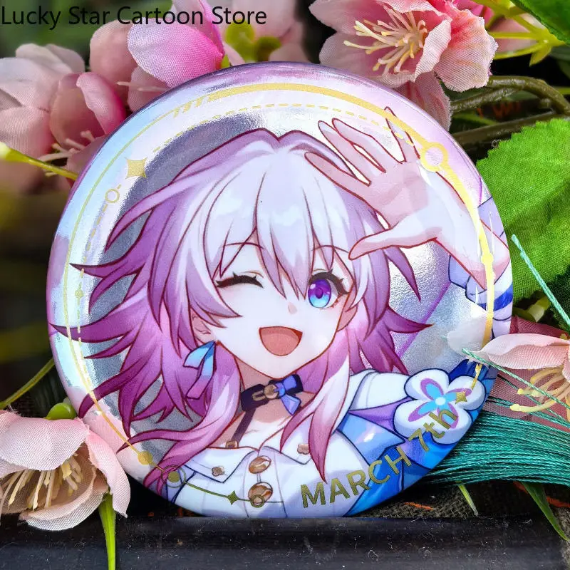 Anime Honkai: Star Rail March 7th Pin Brooch Badge Button Acrylic Stand Model Desk Display Standing Exhibit Through Card 2pcs