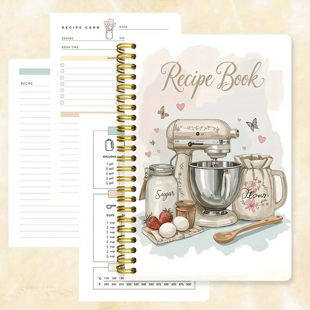 Un cuaderno de portada impreso con ilustraciones de libros de recetas e ilustraciones de ingredientes, para entusiastas de la cocina, registro del plan de cocina