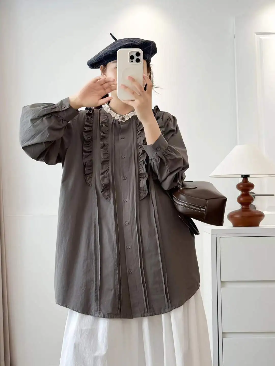 Novo 2025 inverno algodão camisa de manga longa, feminino stand babados retalhos, mori menina design francês doce ins blusa solta t5n952cc