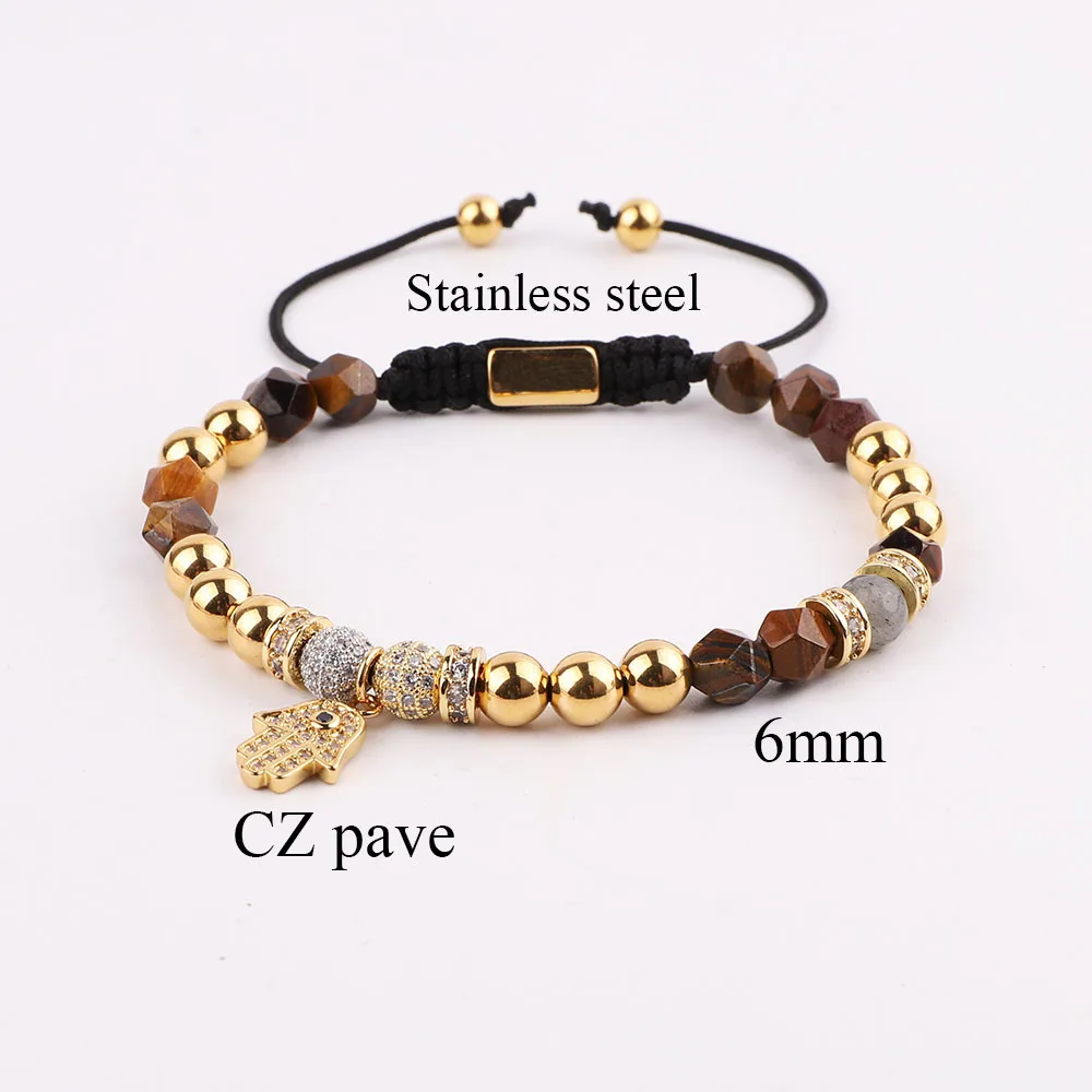 New Luxury Natural Stone CZ Pave Hand Charm Faceted Gemstone Beads Friendship Adjustable Bracelet For Women Jewelry Gift