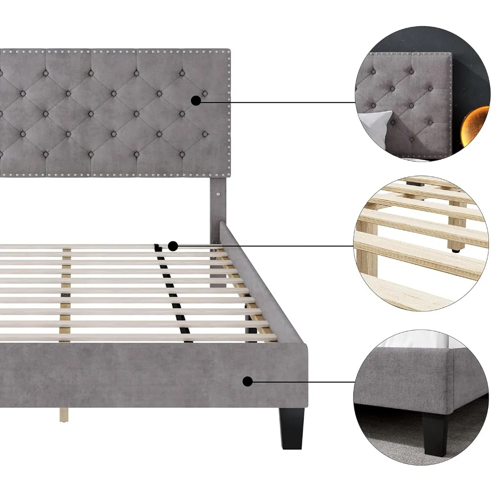 Modern Upholstered Platform Bed with Adjustable Headboard, Heavy Duty Button Tufted with Wood Slat Support, Easy Assembly