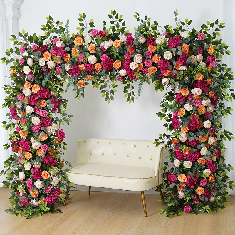 Hot Pink Orange Rose Green Leaves Arrangement Floral Outdoor Wedding Backdrop Flower Arch Frame Decor Event Party Props A8230