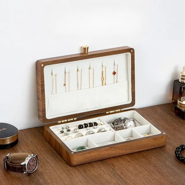 Caja de Almacenamiento de Joyería de Madera de Nogal Negro Vintage con Succión Magnética, Organizador de Tesoros con Cuentas a Prueba de Agua