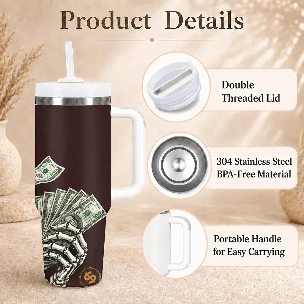 Skeletons and Money Vacuum Flasks 40oz Stainless Steel Insulated Tumbler with Handle & Straw Leakproof Travel Mugorders for other colors will be shipped randomly in black or white