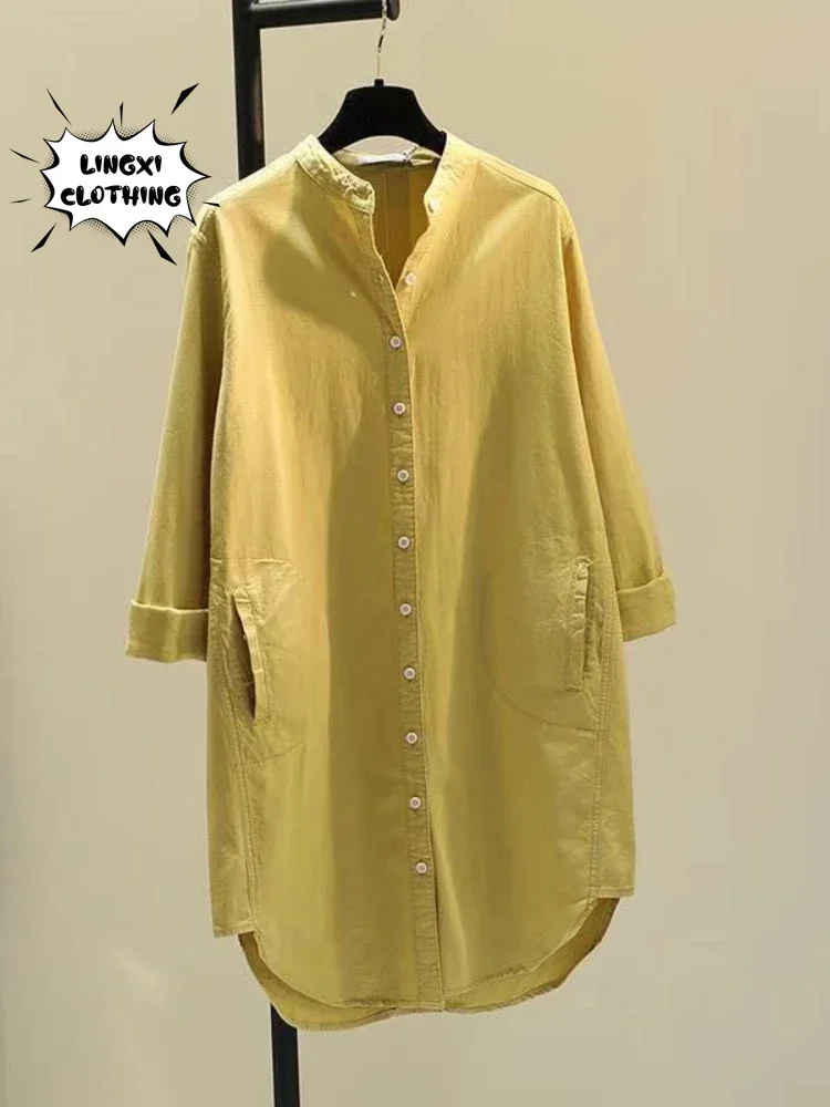 Mode Neue Elegante Solide Baumwolle Leinen frauen Hemd Einreiher Rundhals Casual Pendler Stil Mid Länge Hemd