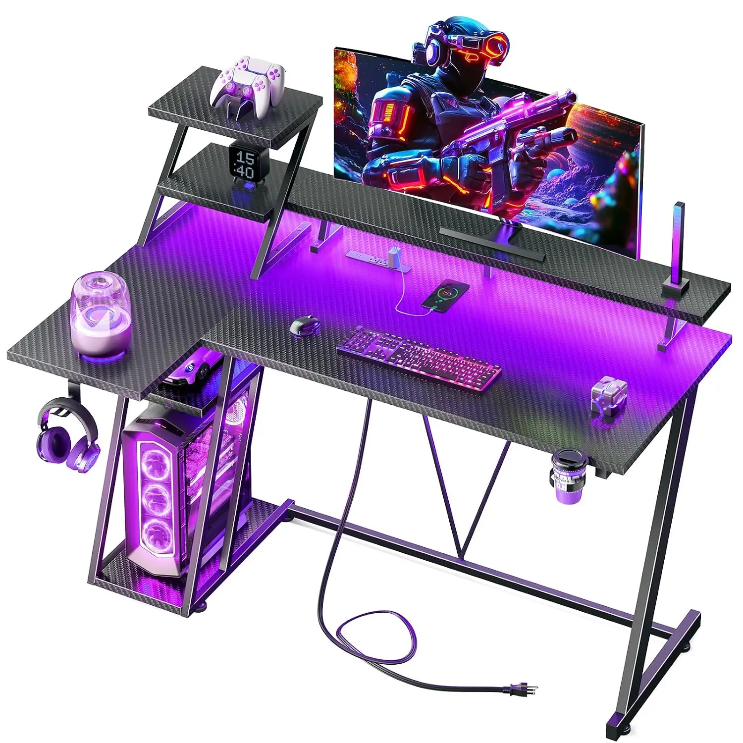 40 Inch L Shaped Gaming Desk LED Lights Power Outlet Storage Shelves Monitor Stand Reversible Corner Home Office, Customized