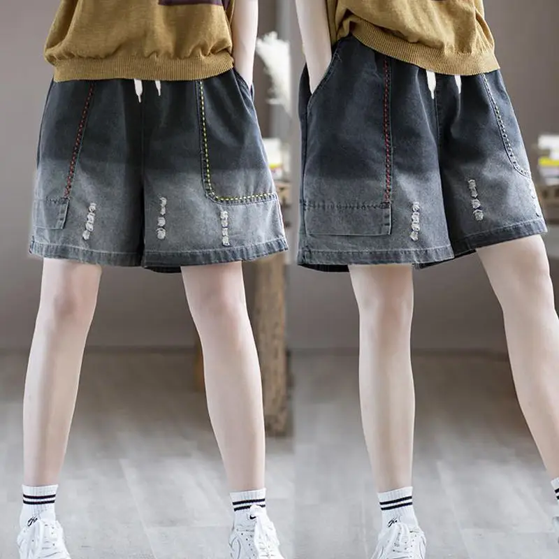 بنطلون نسائي فضفاض بخصر مرتفع، سروال واسع الساق مستقيم بخصر مطاطي، بنطلون هارلان بطول خمس بوصات للصيف