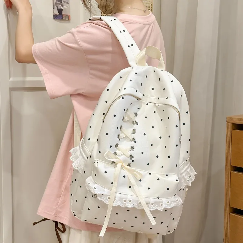 Women Polka Dot Lace Backpack with Compartments Multi Pockets Bowknot Daypack Cute Lightweight Backpacks Commute Studying Pouch