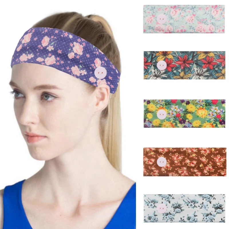 

6 Pcs Women Printed Stretch Fabric Suitable For Masks Buttons Hair Bandsheadwear Sports Sweat-Absorbing Hair Accessories