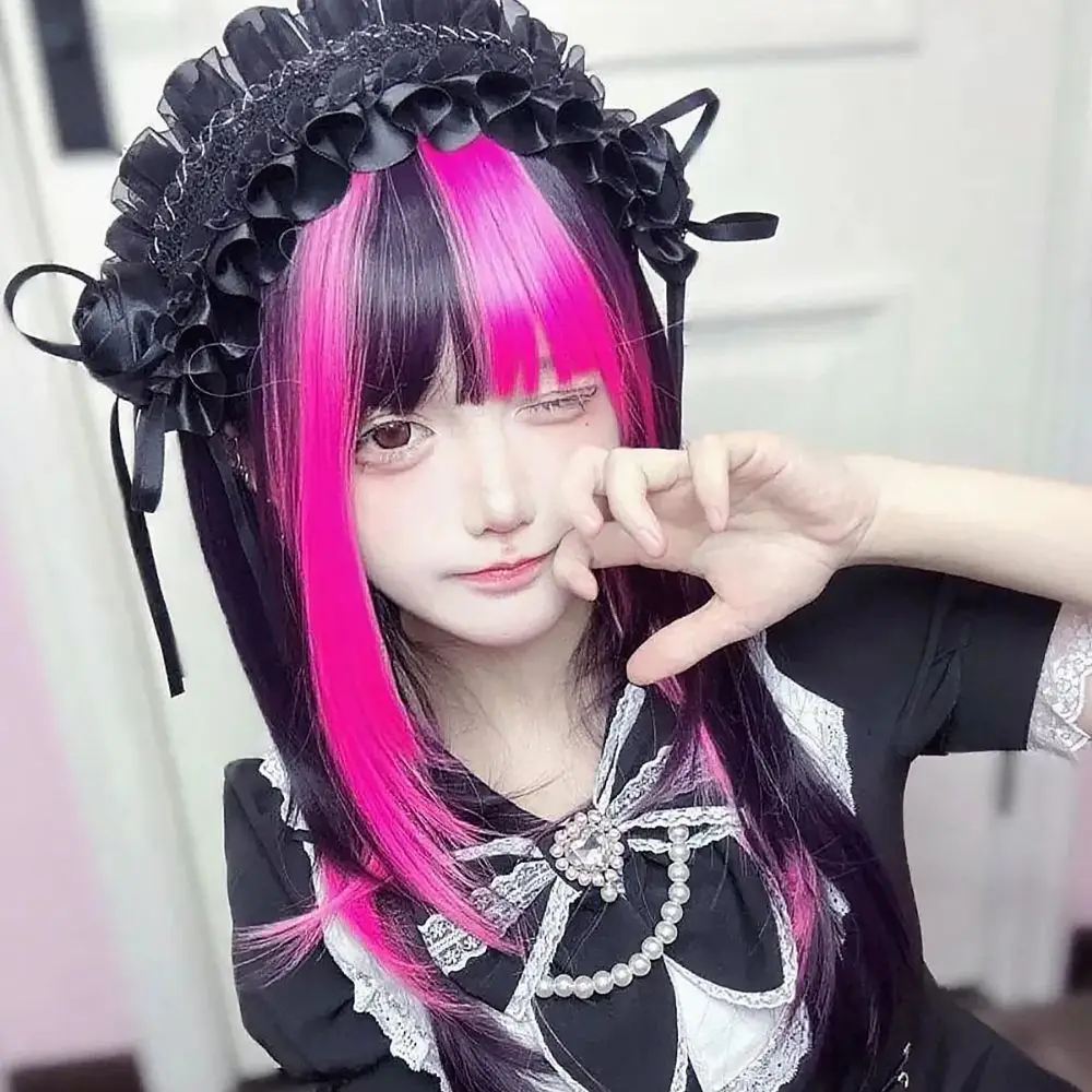 ‌ Peluca de moda alternativa: postizo gótico de Lolita, pelo liso negro y rosa con flequillo, peluca completa de cosplay de ídolo lista para usar
