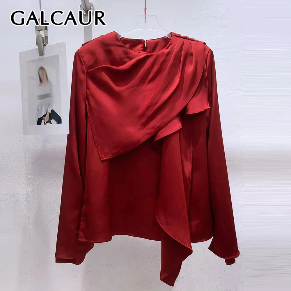 

GALCAUR Solid Spliced Folds Irregular Shirt Female O Neck Long Sleeve Loose Elegant Luxury Women's Shirts Autumn Fashion Style