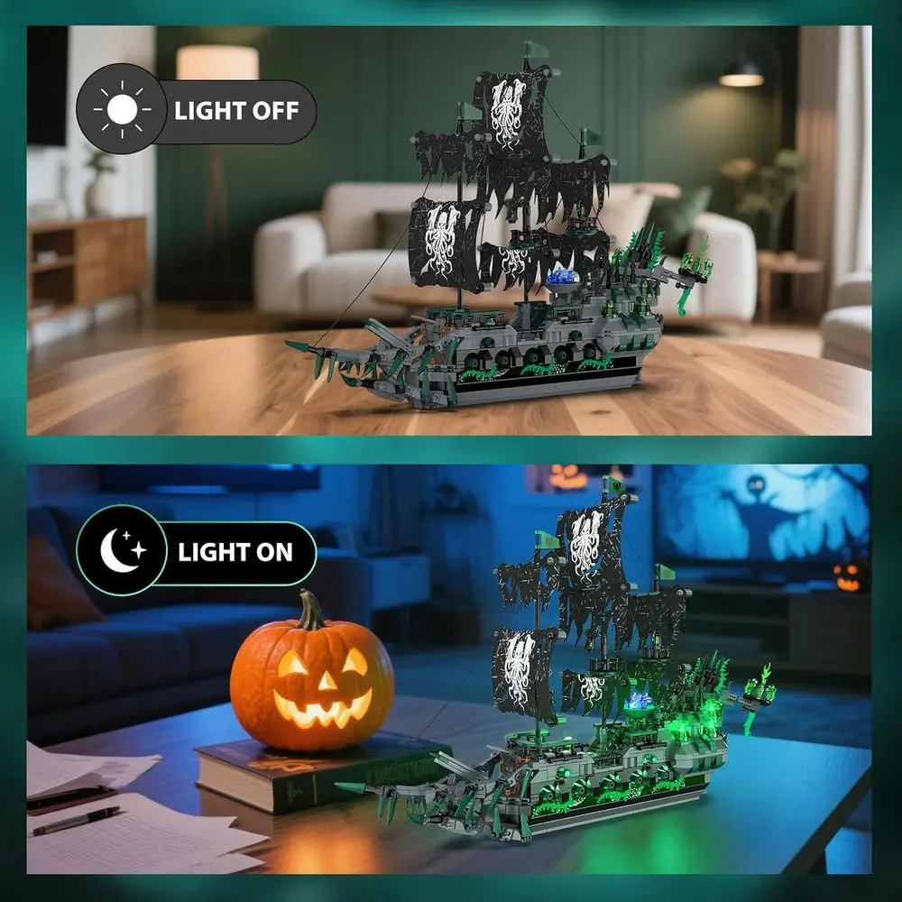 Set di blocchi da costruzione per nave pirata da 1100 pezzi con luce, ideale per adulti e bambini, perfetto arredamento per l'home office e regalo di compleanno