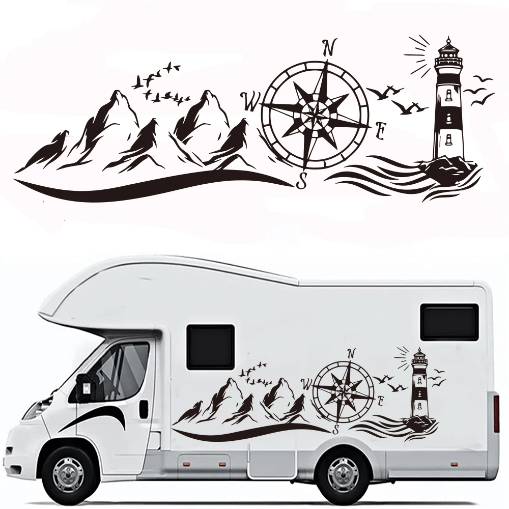 Large Mountain Lighthouse Compass Camper Rv Car Sticker Travel Adventure Motorhome Caravan Truck Auto Decal Decor