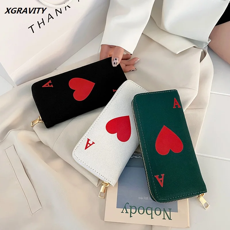 

h020 New Canvas Ladies Wallets Fashion Ace hearts Design Long Purses Zipper Coin Purses ID Card Bag Bank Card Purses Female