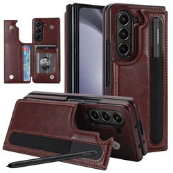 Leather Wallet for Samsung Galaxy Z Fold 3 4 5 6 Fold7 Phone Case with Card Holder Double Buckle Pen Slot Protective (no pen)