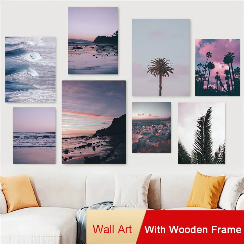 

Purple Dusk Seaside Sunset Landscape Canvas Painting with Frame Nordic Beach Reef Coconut Tree Poster Living Room Wall Art Decor