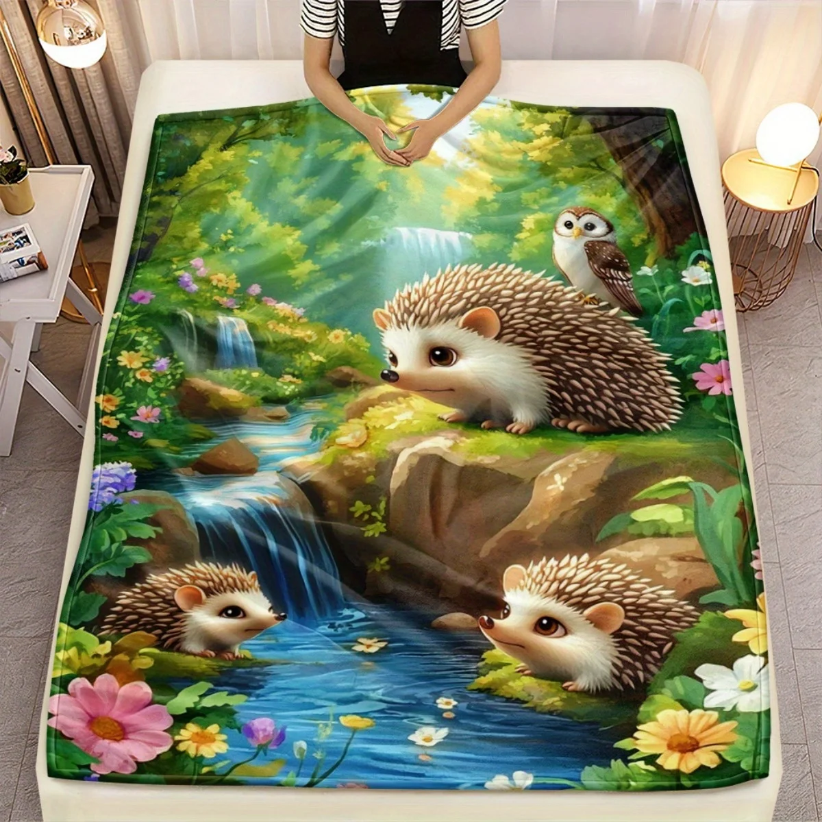 Cute Hedgehog Forest Stream Owl Nature Scene Flannel Blanket Soft Warm Throw Bedding Kids Room Decor Wildlife Animal Print Gift