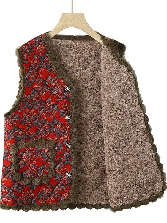 2025 Autumn Winter Thiened Floral Print Fce Lined Vest for Middle-Aged And ly Women Faionable Mommy Sle Jaet