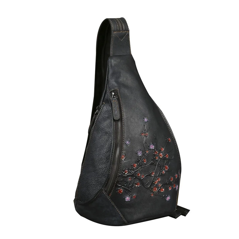Chinese Style Genuine Leather Backpack Woman Black Ladies Real Cow Leather Double Shoulder Bag Floral Pattern Travel School Bags