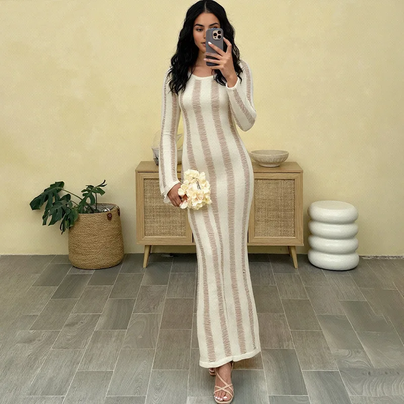 Tornova Backless Hollow Knitted Maxi Dress Women Sexy See Through Long Sleeve Vacation Dresses Elegant High Waist Sweater Dress