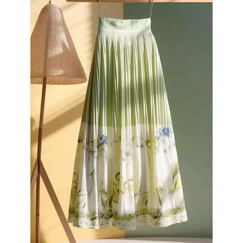 

Women's Green Floral Print Pleated Midi Skirt High Waist Elegant A Line Casual Summer Skirt