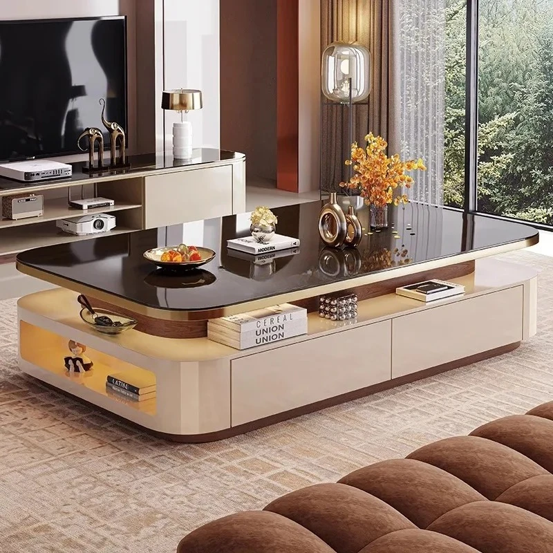 

Glass coffee table TV cabinet combination light luxury high-end simple rock slab double-layer coffee table