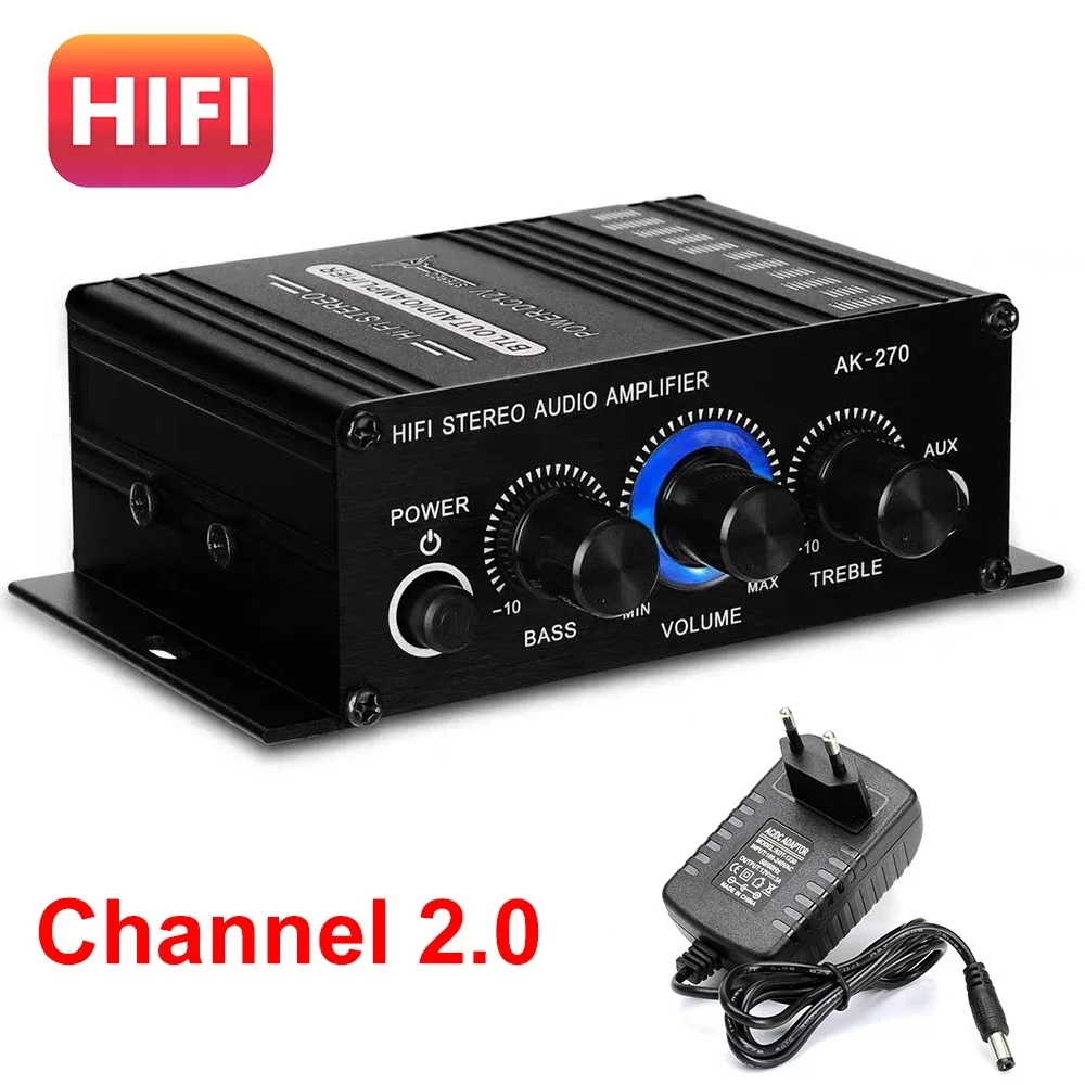 AK-270 HIFI Amplifier 2.0 Channel Home Amp Bass and Treble Adjustment Stereo Audio Home Cinema Sound System DC12V Black MP3 AMP