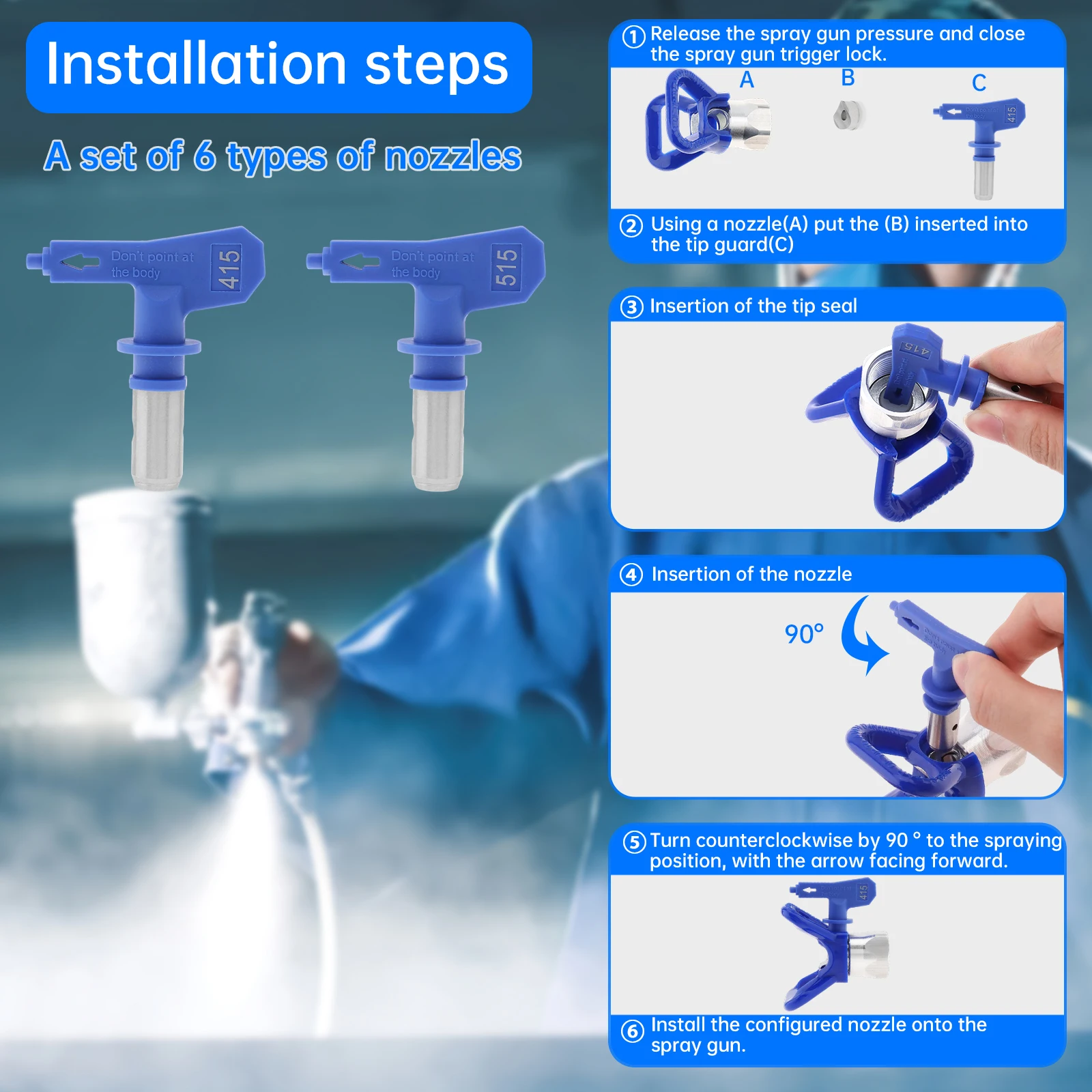 415 515 Reversible Airless Paint Sprayer Nozzle Tips Set with 2pcs Spray Tip Spacers 1pc Nozzle Seats Spray Guns Nozzles Set