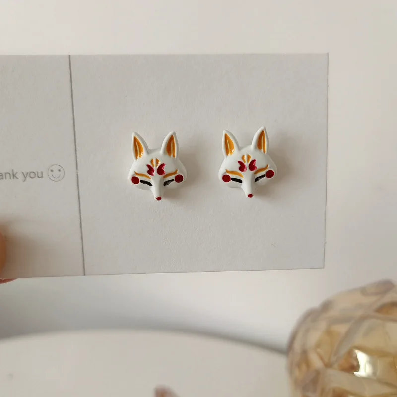 E046 Enamel Fox Earring.New Cartoon Cute Animal Fox Cherry Blossoms Alloy Studs Earrings Fashion Accessories Wholesale
