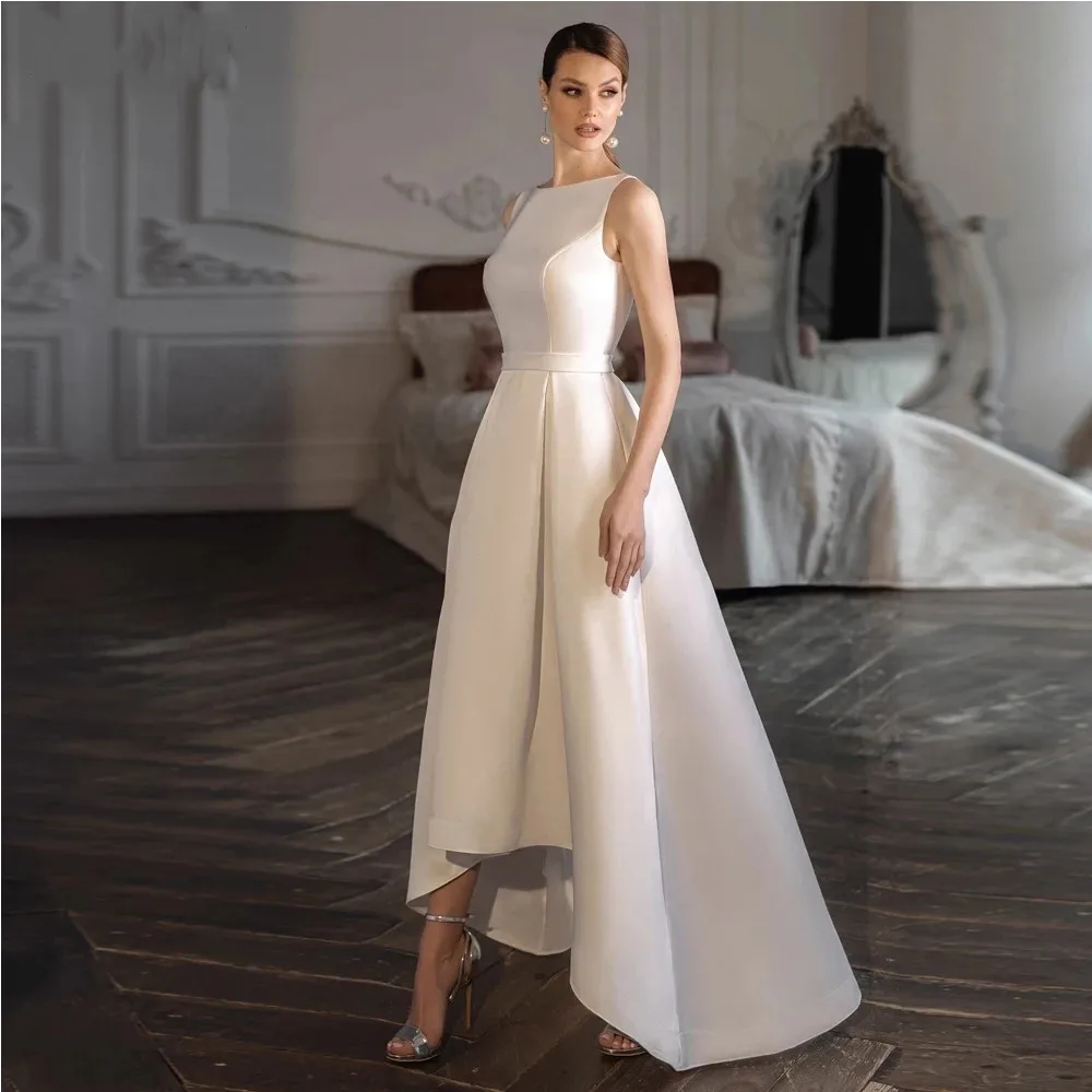 Simples cetim alta/baixo vestido de casamento colher pescoço sem mangas vestidos de noiva nupcial mariage com cinto e botão civil vestido de noiva