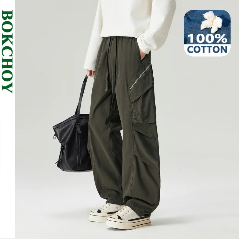 2026 Autumn New 100% Cotton Vintage Straight Cargo Pants for Men Clothing Big Pockets Drawstring Loose Cargo Trousers GF268319