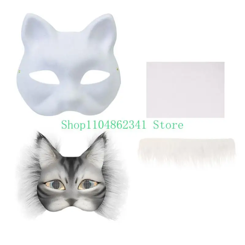 5asd Hand-Painted Cats Mask with Furs Halloween Mask Animal Mask Set Foxes Mask
