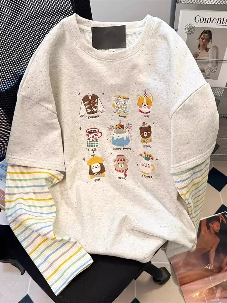 

Толстовка большого размера с вышивкой мультяшных персонажей, круглым вырезом, вязаная, в стиле пэчворк, в полоску, весна-осень