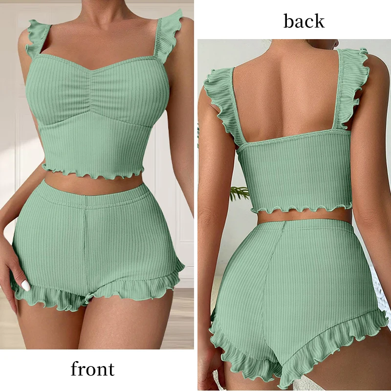 Two Piece Women's Ribbed Knitted Sexy Pleated Camisole Vest Paired with Shorts Solid Color Women's Casual Sleepwear Set