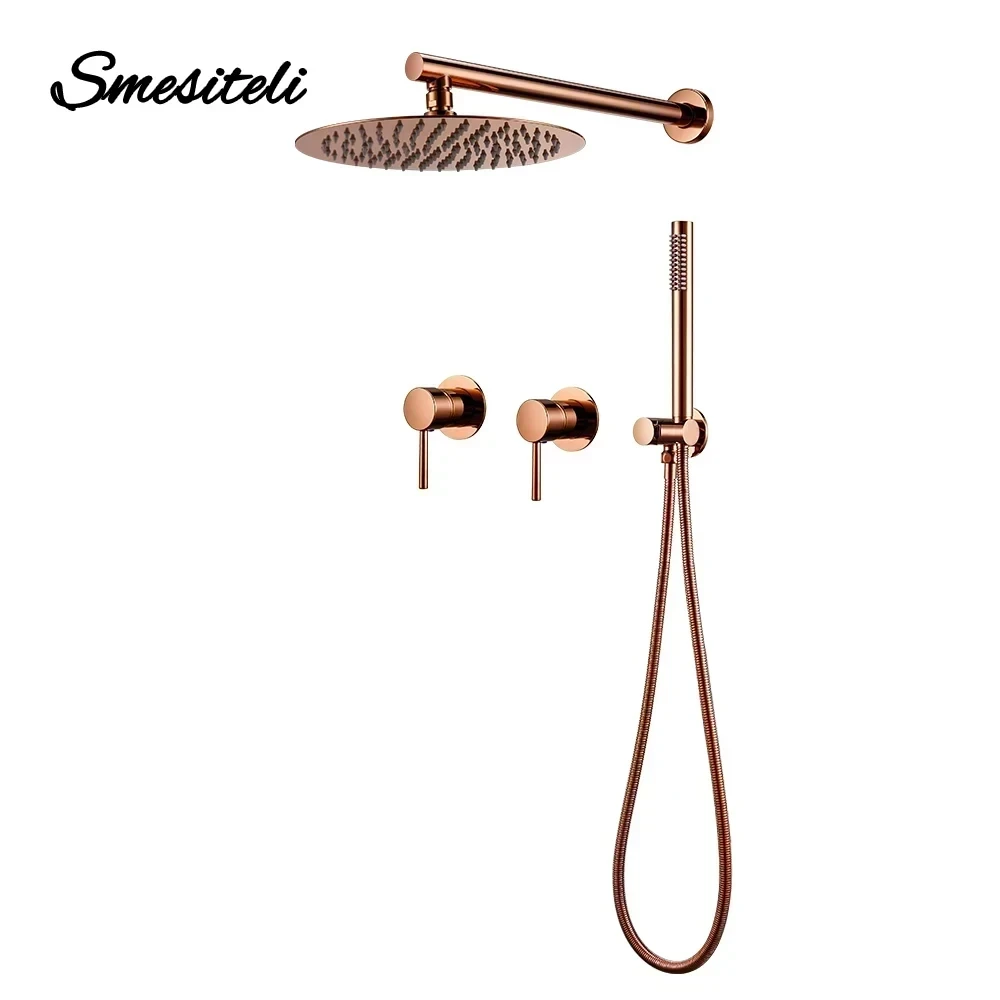 Rainfall Shower Set Rose Gold Wall Mounted Bathroom Shower Mixer Brass Faucet Hot Cold Water Mixer Tap With Head 8/10/12 Inch